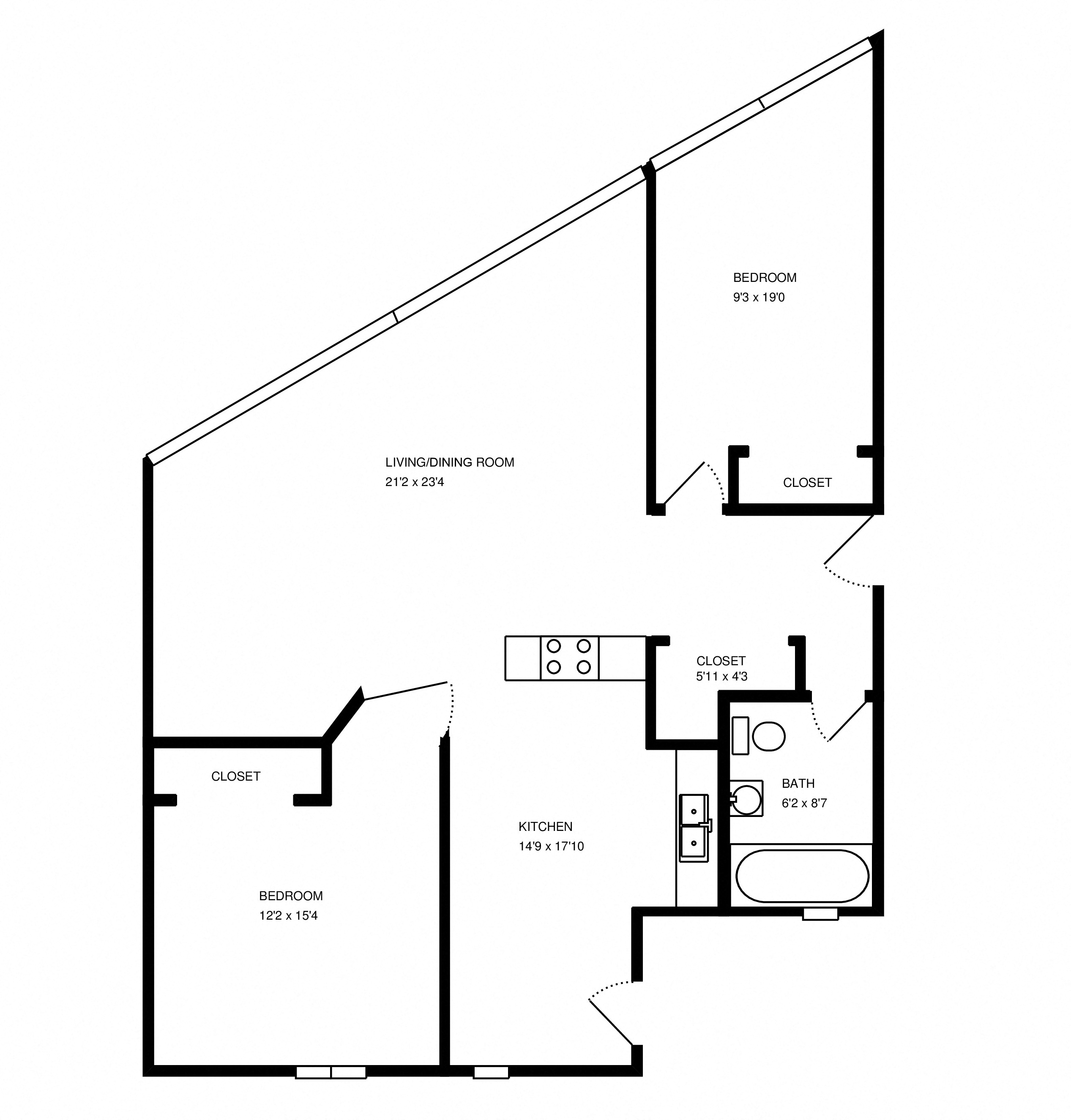 Floor plan for 2 beds, 1 bath, 900 sqft